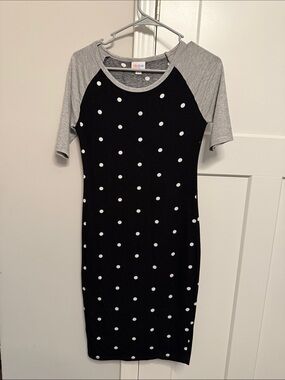 LuLaRoe Black and White Polka Dot Midi Dress with Gray Raglan Sleeves